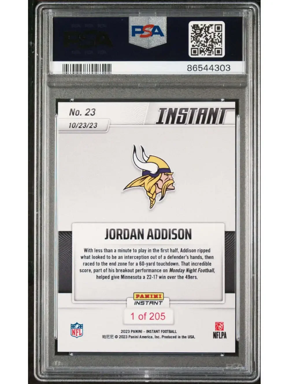 Jordan Addison 2023 Panini NFL Rookie #23 Card 1 of 205 Vikings PSA 9 Mint